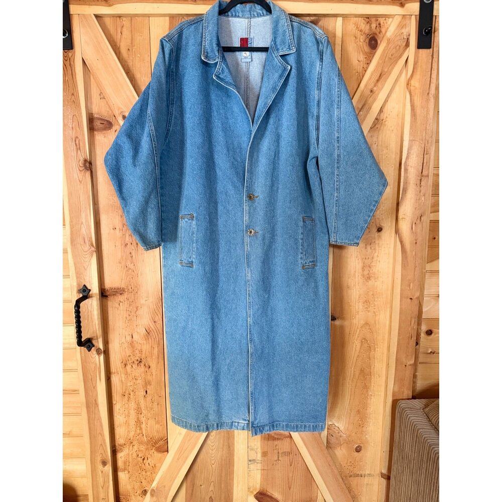 90s Sunbelt Denim Duster Coat Jacket Womens M/L Long Jean Trench Oversized Vtg